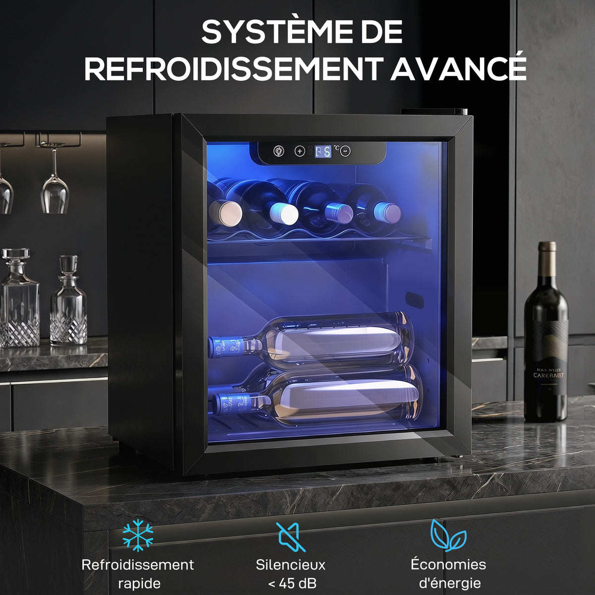 Cave à vin 12 bouteilles 36L, réfrigérateur à vin et boissons avec température réglable 4-16 °C, porte réversible, noir