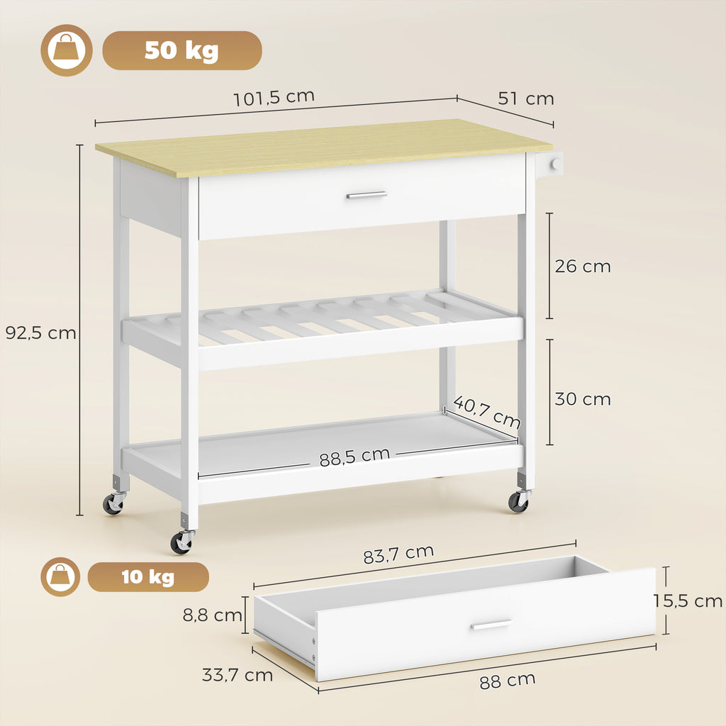Desserte de cuisine à roulettes, îlot central cuisine avec plan de travail, tiroir, étagères, porte-serviettes, blanc