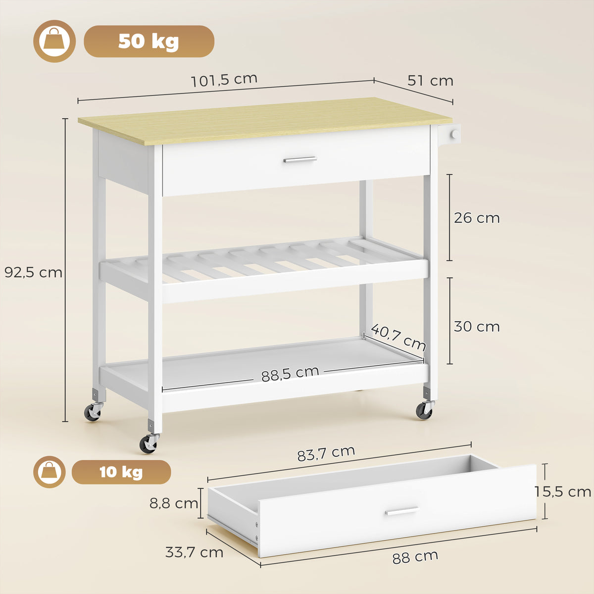 Desserte de cuisine à roulettes, îlot central cuisine avec plan de travail, tiroir, étagères, porte-serviettes, blanc