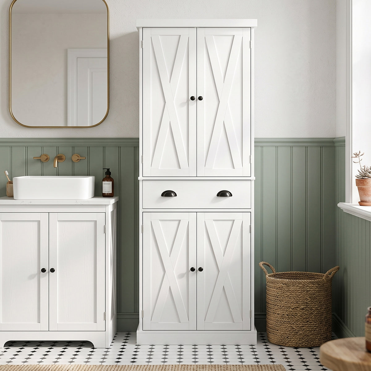Buffet Haut Cuisine, Armoire de Cuisine avec 4 Portes, Tiroir et Étagères Réglables, Style Rustique, 62x38x173cm, Blanc