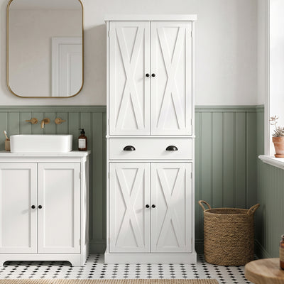 Buffet Haut Cuisine, Armoire de Cuisine avec 4 Portes, Tiroir et Étagères Réglables, Style Rustique, 62x38x173cm, Blanc