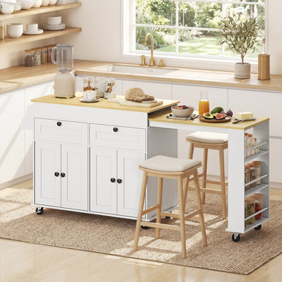 îlot central cuisine avec plateau extensible, desserte de cuisine sur roulettes avec 2 tiroirs, 4 portes, blanc