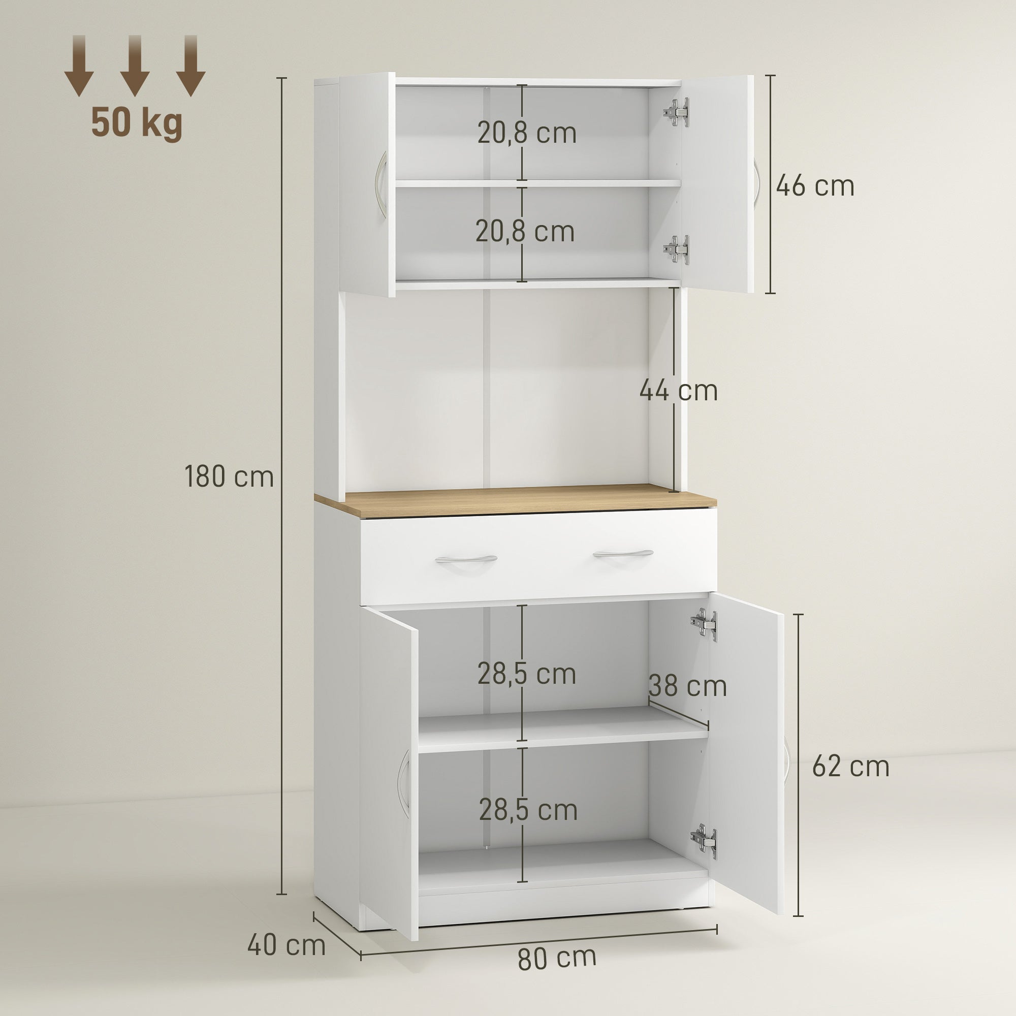 Buffet haut cuisine, armoire de cuisine, 4 portes, tiroir, plan de travail et étagères réglables, 80x40x180cm, blanc