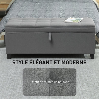 Banc de rangement 112L banquette bout de lit en tissu de lin, siège capitonné, 120 x 40 x 48 cm, gris foncé