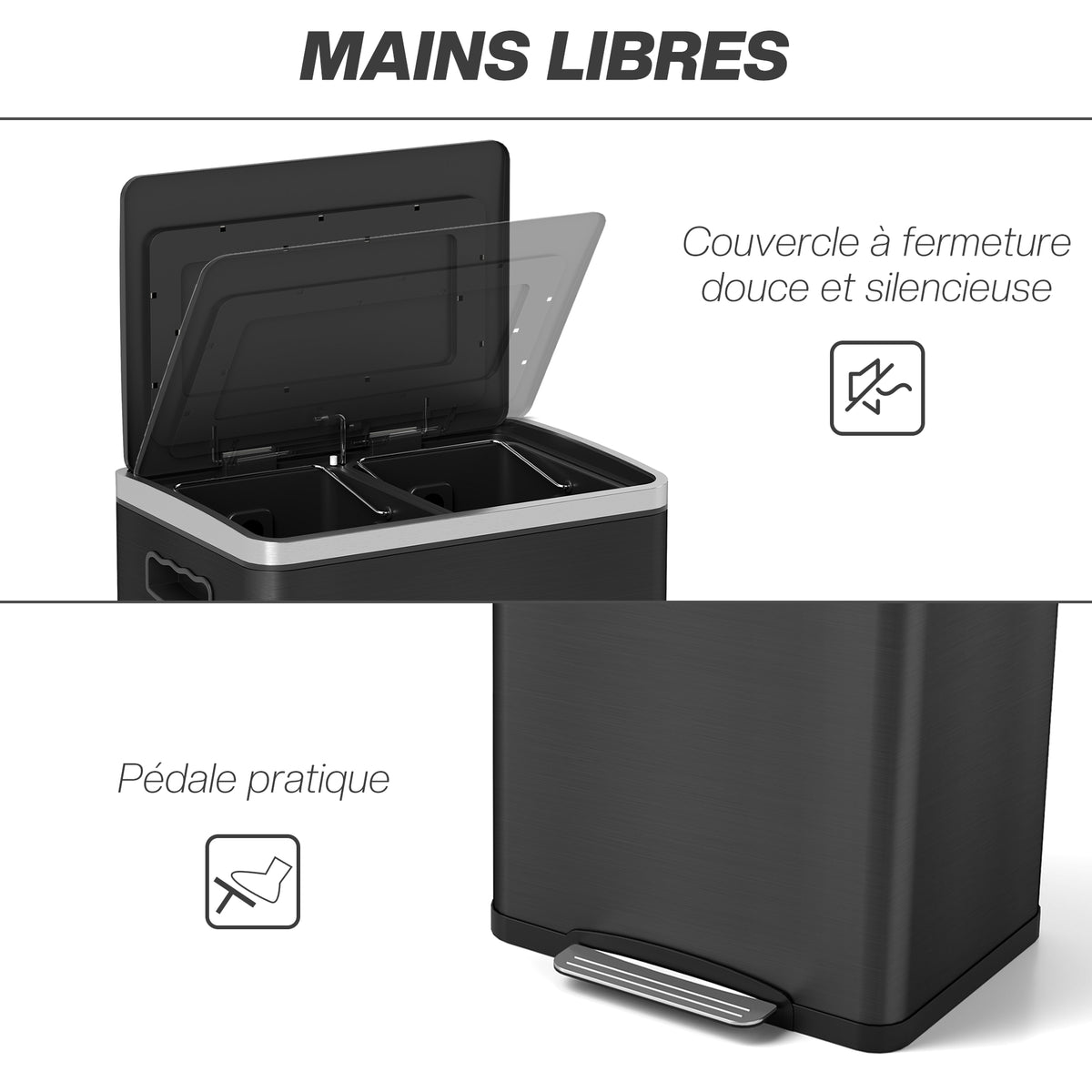 Poubelle de cuisine 2 compartiments de 2 x 20L, poubelle avec pédale, couvercle à fermeture douce 40 x 34,8 x 59 cm noir Aosom