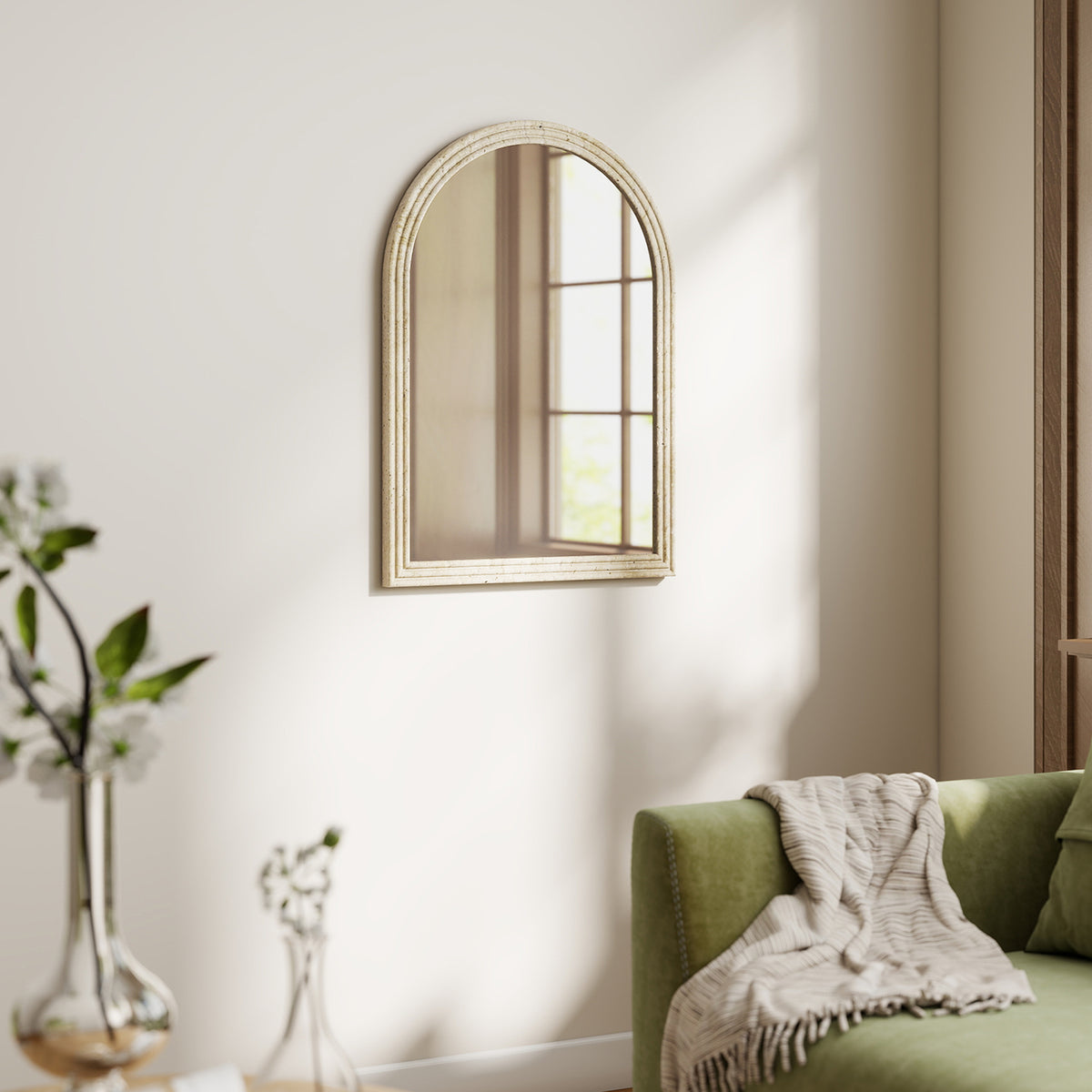 Miroir Mural Arqué, Miroir Moderne avec Bord Rainuré et Crochets, Verre Trempé et Polystyrène, 60 x 90 cm, Beige