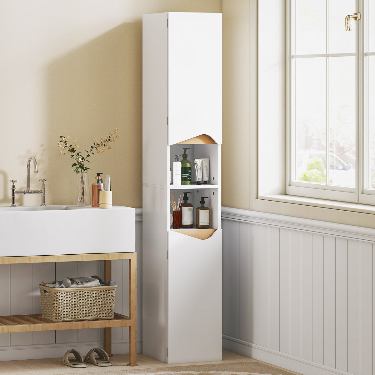 Meuble colonne salle de bain étroit, 2 portes, compartiments ouverts, étagères réglables, 30 x 34,6 x 180,5 cm, blanc