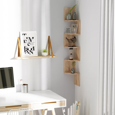 Étagère d'angle Murale de Rangement Forme Zigzag 20L x 20l x 126H cm 5 Niveaux Bois chêne Clair