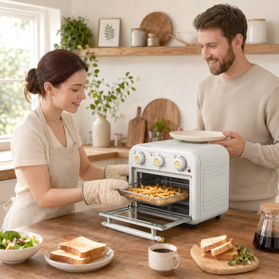 Four Friteuse à Air Chaud 12L, Four à Air Chaud Convection 1200 W avec Plaque de Cuisson, Panier de Friture, Crème