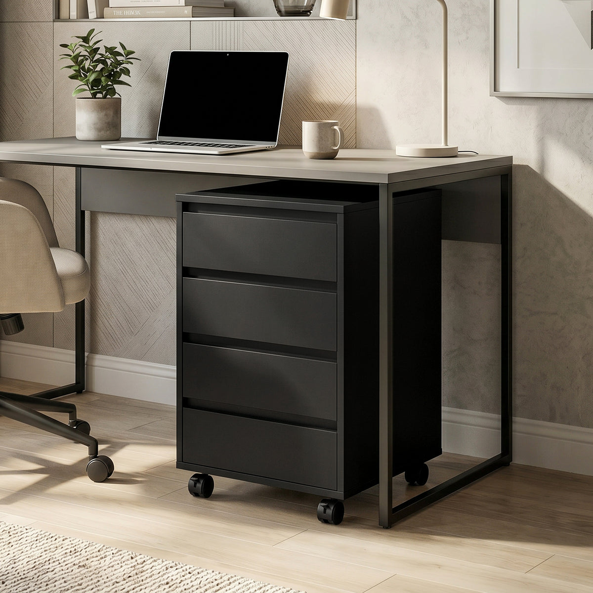 Caisson de bureau rangement bureau sur roulettes 4 tiroirs coulissants en bois aspect bois noir