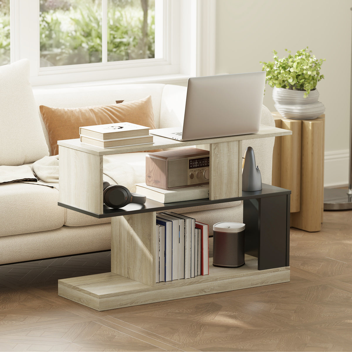 Table d'appoint en forme S, bout de canapé à 3 niveaux étagères de rangement, 90 x 30 x 61 cm, effet bois naturel noir