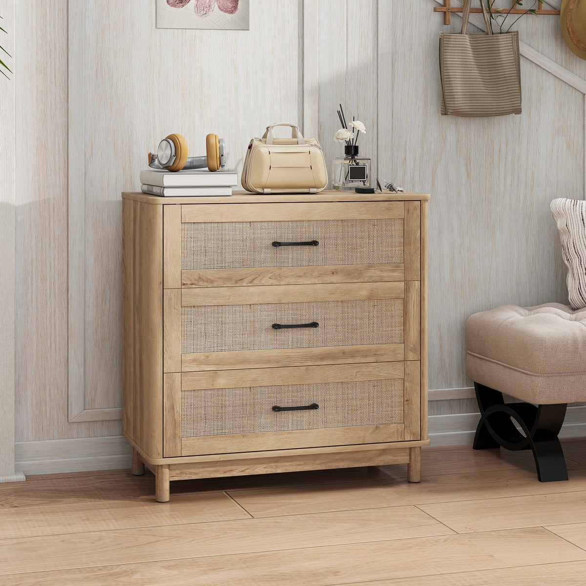 Commode 3 Tiroirs en Rotin, Meuble de Rangement, Chiffonnier, Pieds en Bois Massif, Style Bohème, 76x35x76cm, Chêne