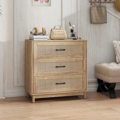 Commode 3 Tiroirs en Rotin, Meuble de Rangement, Chiffonnier, Pieds en Bois Massif, Style Bohème, 76x35x76cm, Chêne