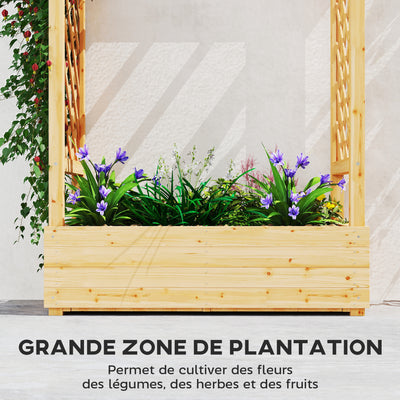 Jardinière surélevée avec treillis latéral et supérieur, bac à fleurs trous de drainage, 110x44x113cm, bois naturel