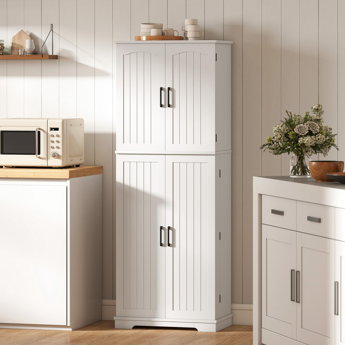 Buffet haut cuisine, armoire de cuisine, 4 portes, 10 niches, 8 porte-épices et étagères réglables, 60x35x162cm, blanc
