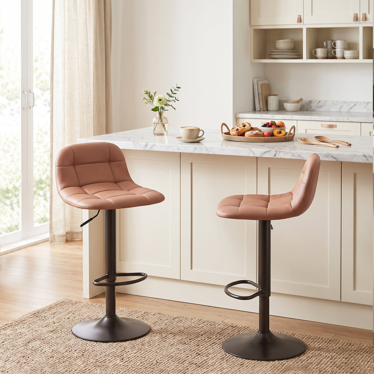Lot de 2 Tabourets de Bar en Cuir PU, Rétro-Industriel, Hauteur Réglable, Pivotant 360°, 40x41,5x76-98cm, Marron Foncé
