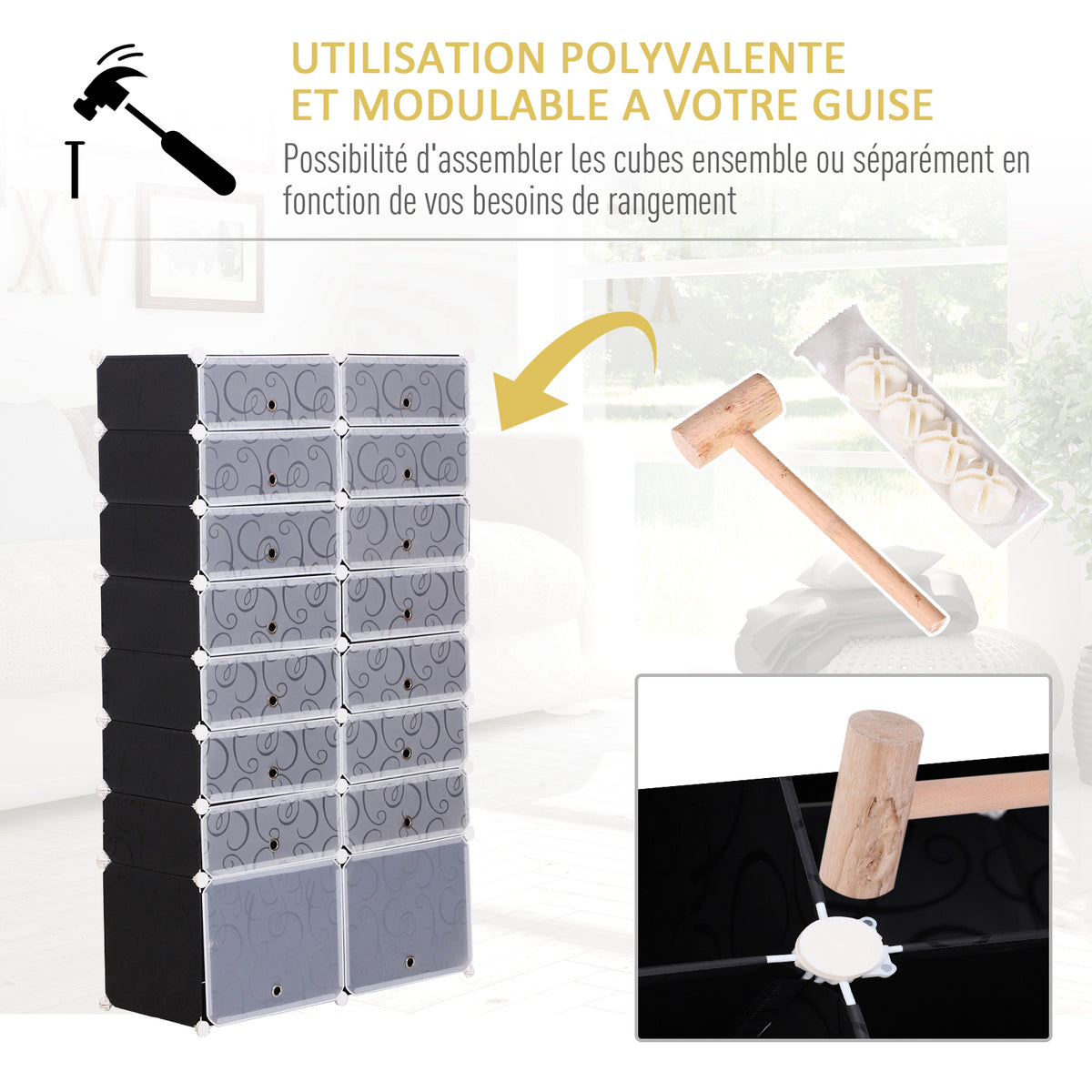 Armoire à Chaussures Modulable Range Chaussures L 95 x l 37 x H 160 cm 14 Cubes rectangulaires et 2 Grands Cubes Noir et Blanc en plastique