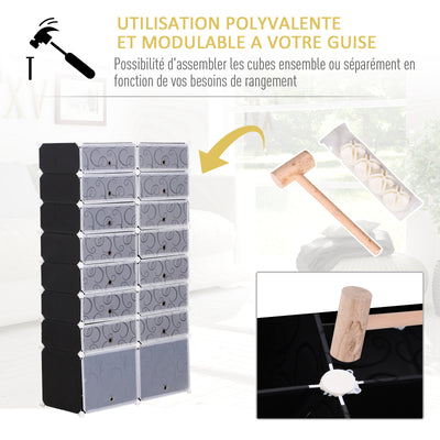 Armoire à Chaussures Modulable Range Chaussures L 95 x l 37 x H 160 cm 14 Cubes rectangulaires et 2 Grands Cubes Noir et Blanc en plastique