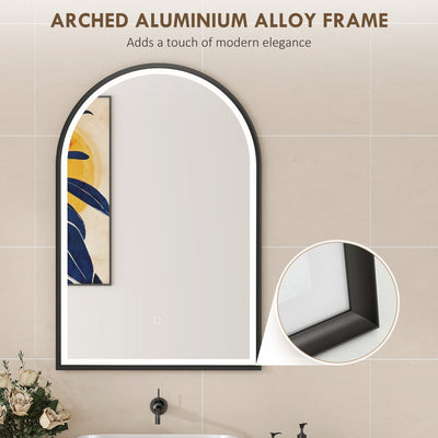 Miroir Salle de Bain avec Éclairage 60 x 90 cm, Miroir LED Arqué, Anti-Buée, 3 Couleurs Lumière, Dimmable, Mémoire, Noir