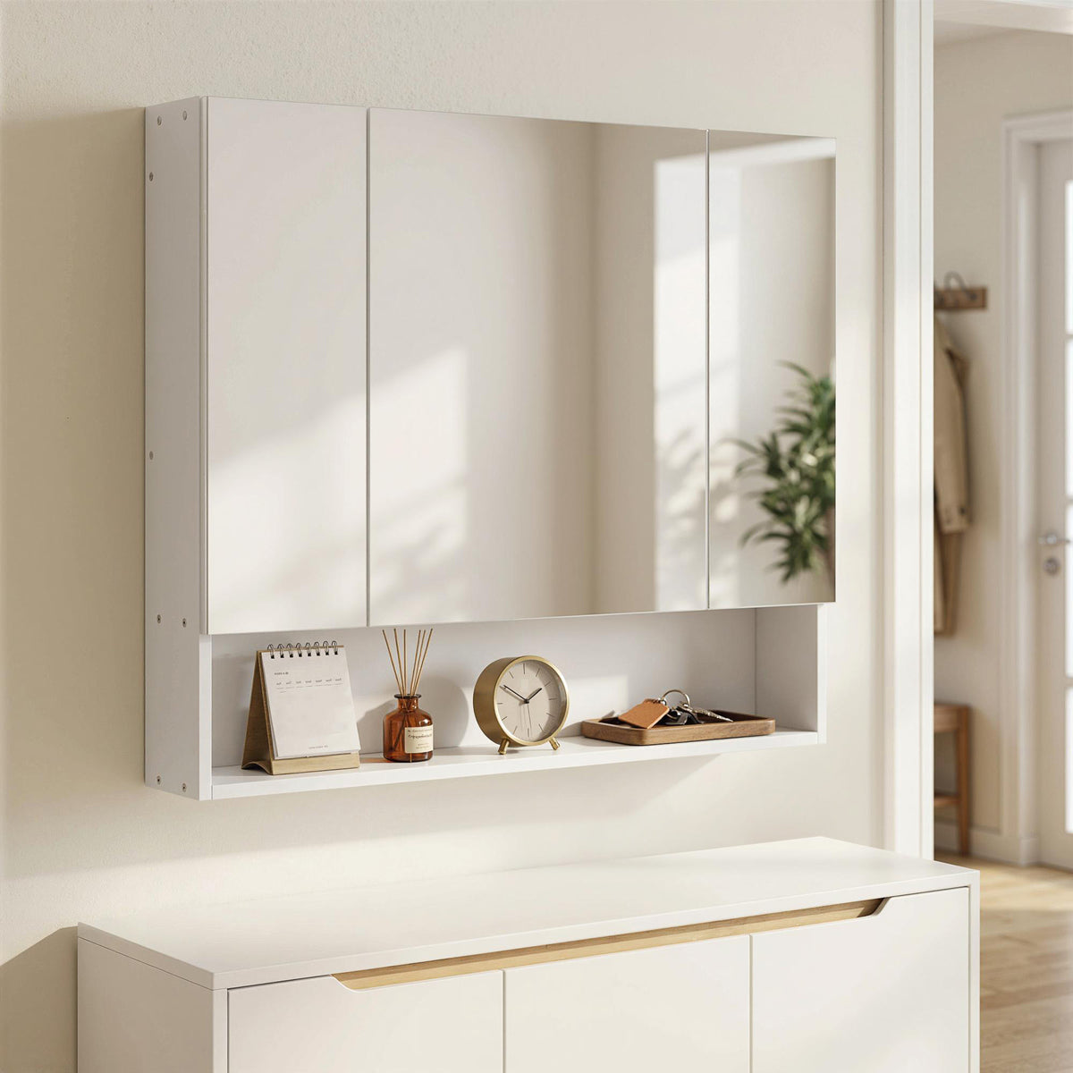 Armoire murale salle de bain avec miroir, armoire de toilette 3 portes miroir, étagères réglables, 90x15x75cm, blanc