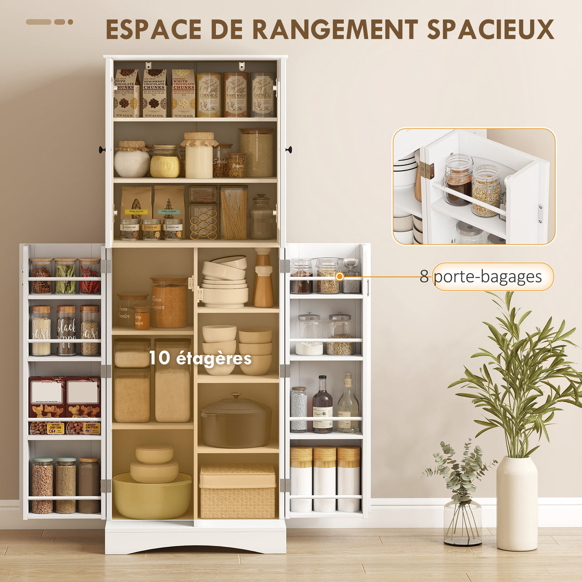Buffet haut cuisine, vaisselier vitrine en acrylique, 4 portes, 10 compartiments, 8 porte-racks, 60 x 40 x 162 cm, blanc