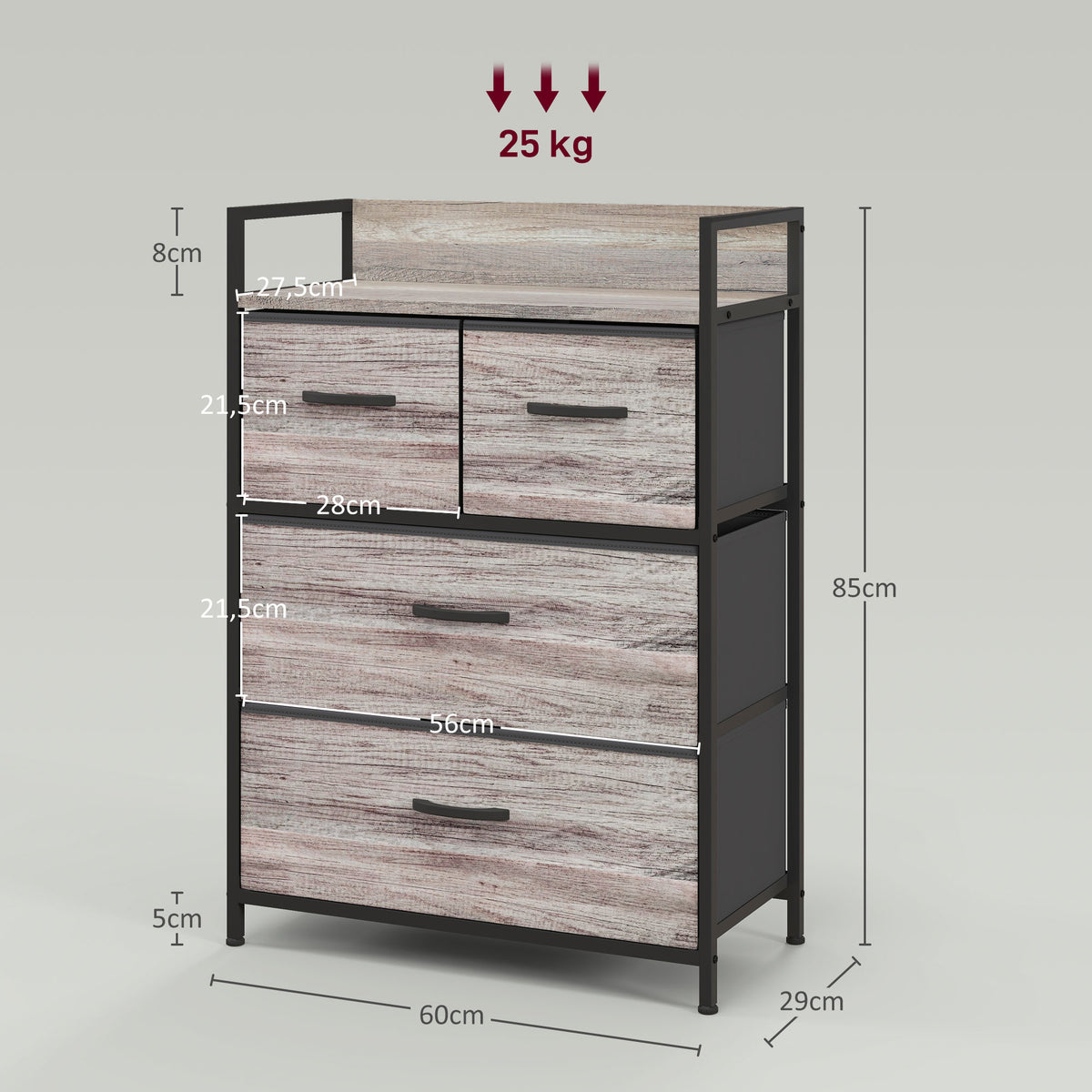 Meuble de rangement style industriel commode 4 tiroirs en tissu pliables et amovibles et 1 étagère 60 x 29 x 85 cm gris