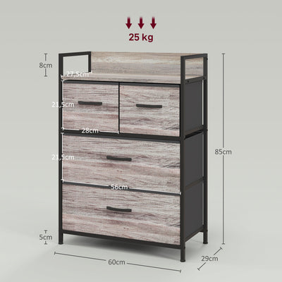 Meuble de rangement style industriel commode 4 tiroirs en tissu pliables et amovibles et 1 étagère 60 x 29 x 85 cm gris