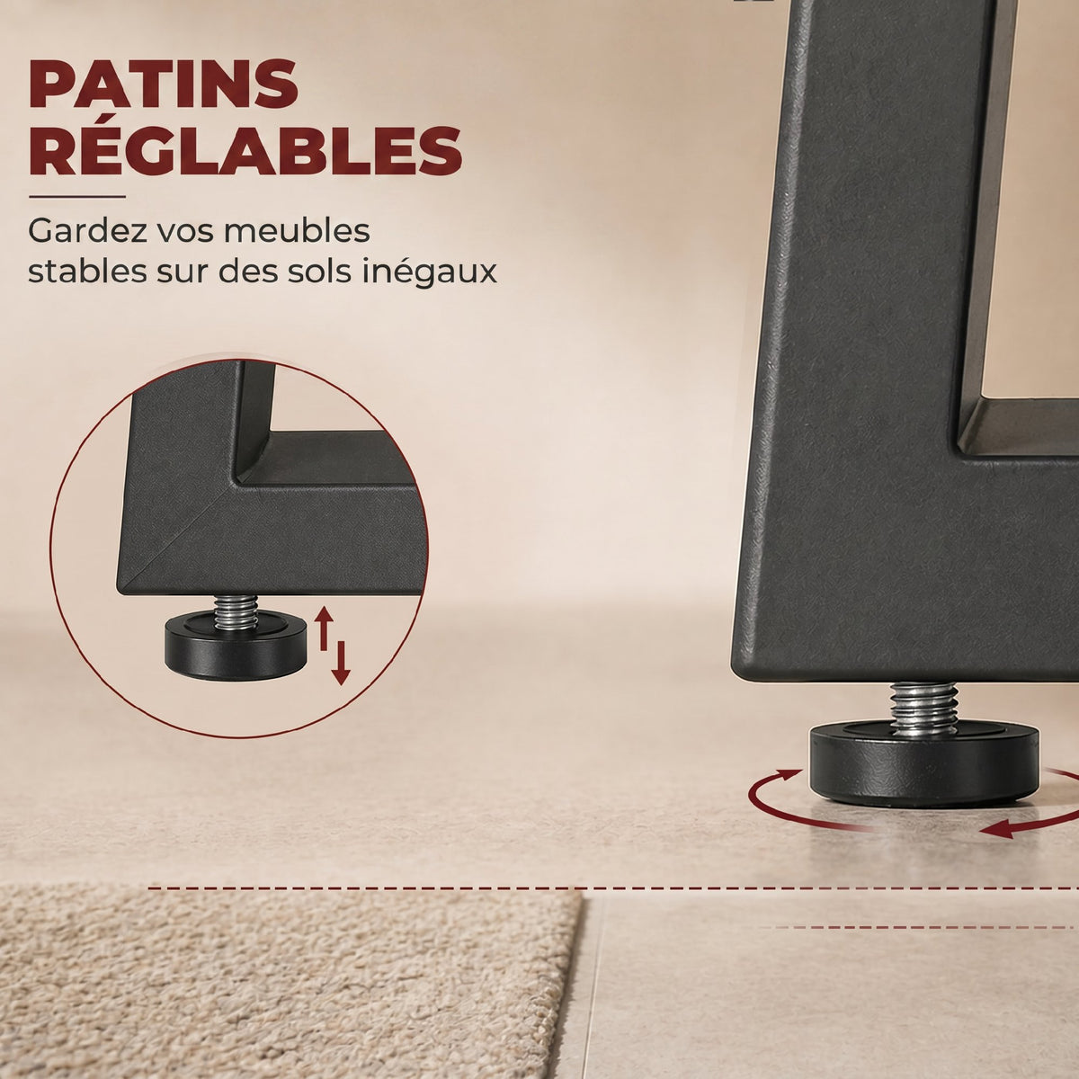 Pieds de table en acier, 60 x 43 cm, lot de 2 pieds de bureau trapezoïdes avec patins réglables et vis, noir