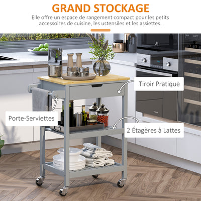 Desserte de service chariot de cuisine à roulettes avec plan de travail en bois hévéa - 2 étagères, 1 tiroir et