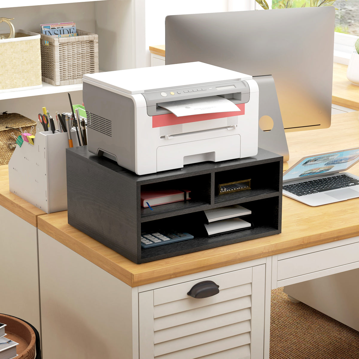 Organiseur bureau aspect noir avec 3 compartiments fournitures support d'imprimante 47 x 40 x 22,5 cm