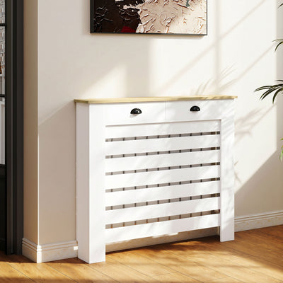 Couvercle de radiateur cache radiateur grille à lattes horizontales avec 2 tiroirs en bois 111l x 19P x 95,5H cm blanc