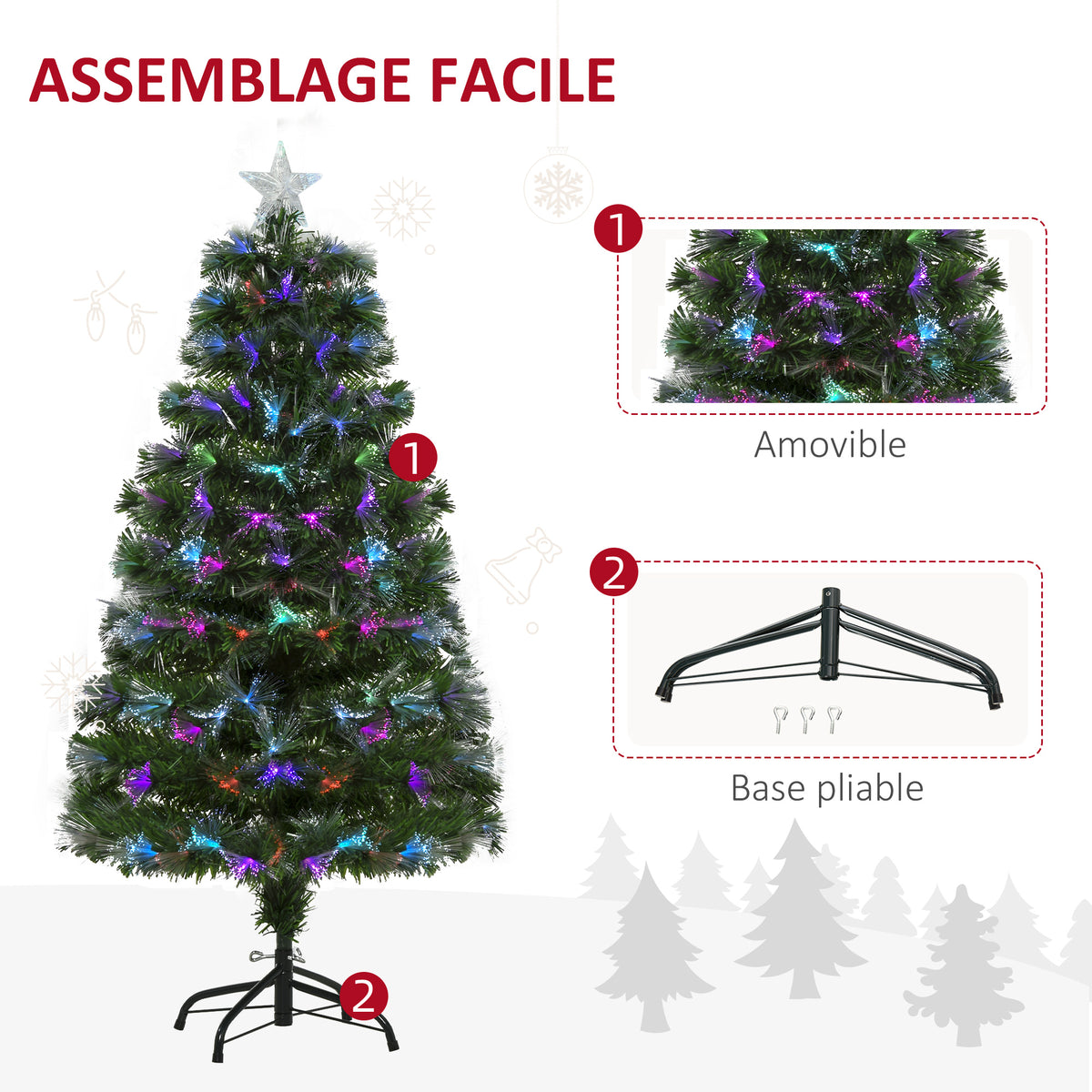 Sapin de Noël Artificiel Arbre de Noël Lumineux 120cm en Fibre Optique Deco Noël lumière à Variation de Couleurs 130 LED Vert