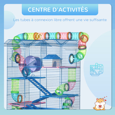 Cage pour Hamster Souris Petit Animaux Rongeur avec Tunnel Mangeoire Roue Jouet 47 x 30 x 59 cm Bleu