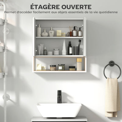 Armoire murale salle de bain avec miroir, meuble salle de bain, 2 portes miroir, étagère ouverte 60 x 16 x 60 cm blanc