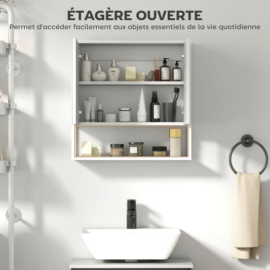 Armoire murale salle de bain avec miroir, meuble salle de bain, 2 portes miroir, étagère ouverte 60 x 16 x 60 cm blanc