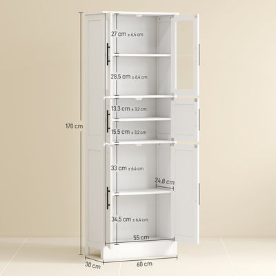 Meuble de salle de bain, meuble de rangement 6 niveaux, 6 portes dont 2 vitrées, étagères réglables, 60x30x170cm, blanc
