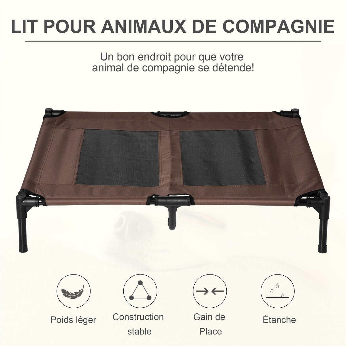 Lit sur pieds lit pour chien chat lit de camp lit surélevé animaux grand confort tissu Oxford textilène micro-perforé métal 92L x 76l x 18H cm café