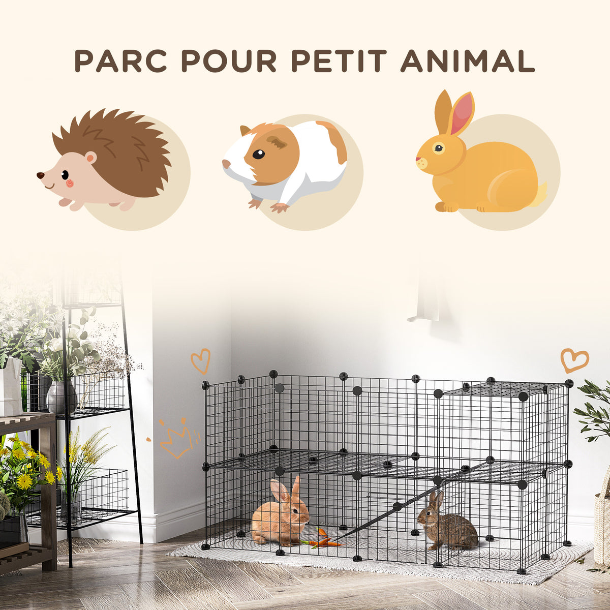 Cage parc clôture pour animaux domestiques enclos pour petits animaux modulable 2 niveaux 72 panneaux bords arrondis