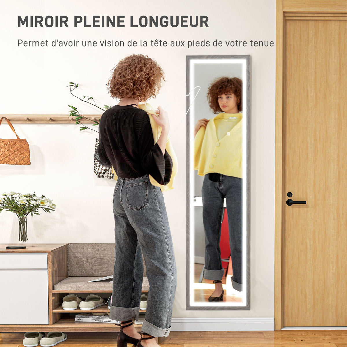 Grand miroir pleine longueur, miroir mural ou sur pied rectangulaire, 40 x 160 cm avec éclairage LED 3 couleurs, gris