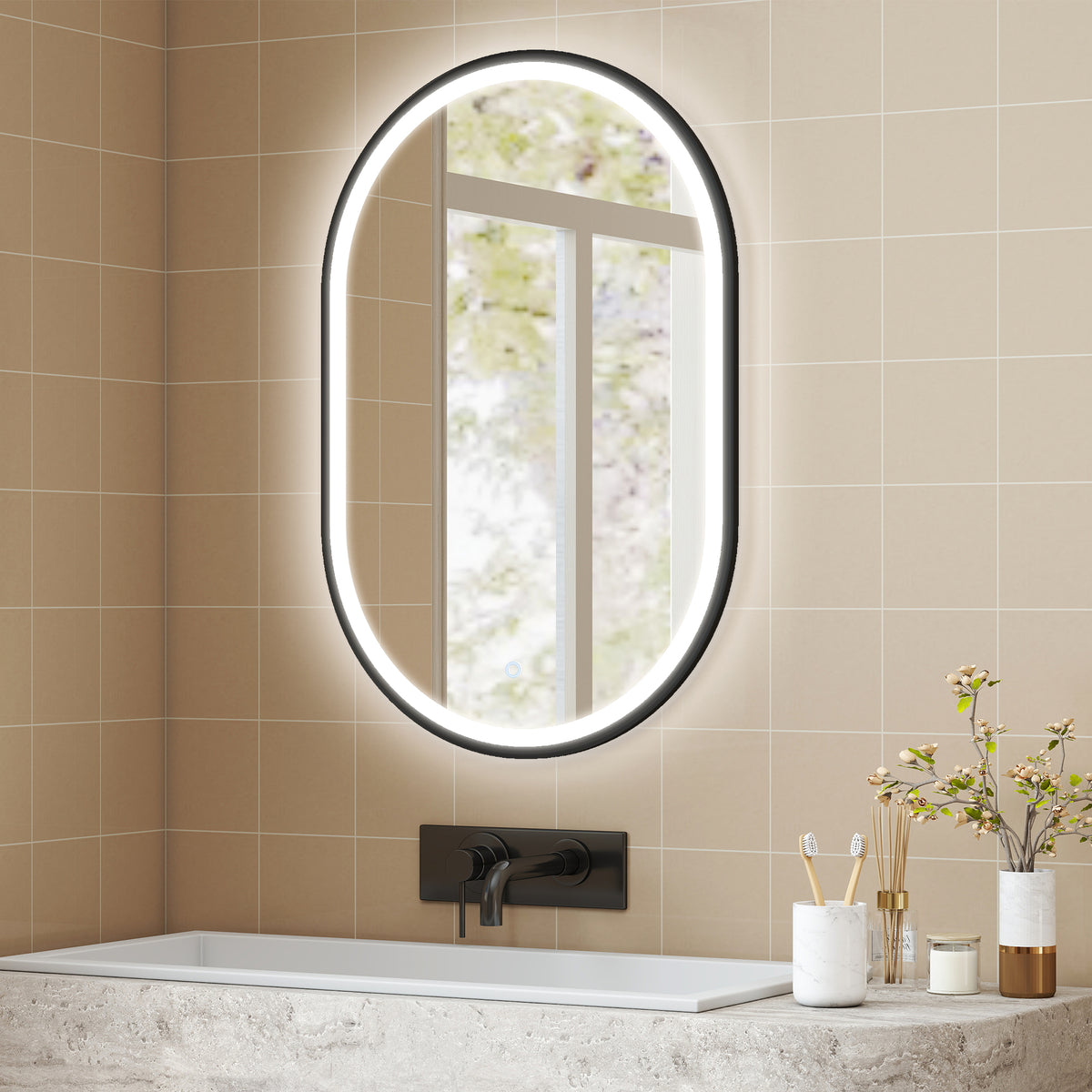 Miroir salle de bain éclairage LED 50x70cm, miroir lumineux salle de bain mural interrupteur tactile, lumière 3 couleurs