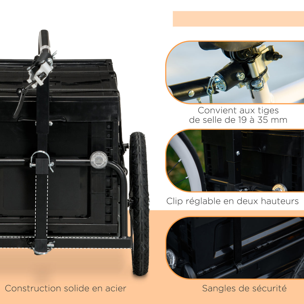 Remorque à vélo avec coffre de rangement amovible et pliable de 65L, réflecteurs de sécurité, charge max. 40KG, noir Aosom