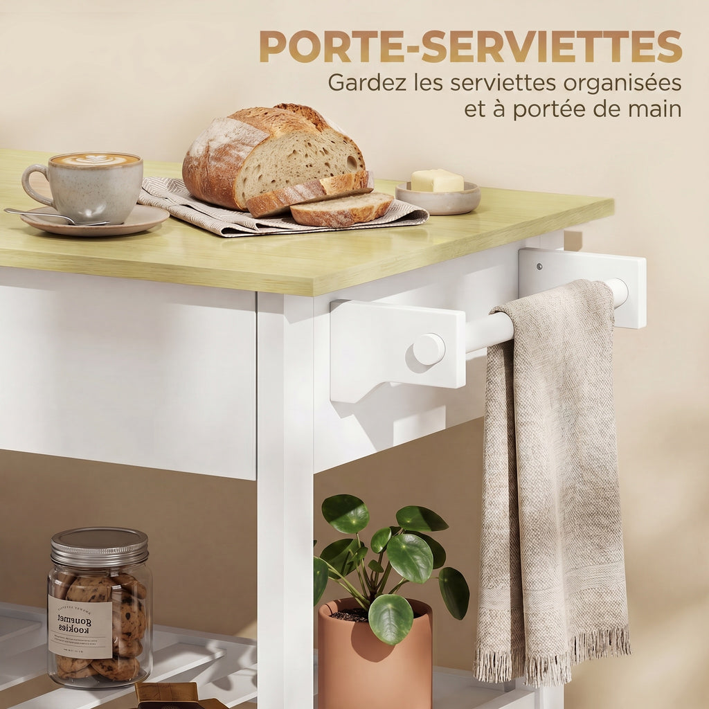Desserte de cuisine à roulettes, îlot central cuisine avec plan de travail, tiroir, étagères, porte-serviettes, blanc