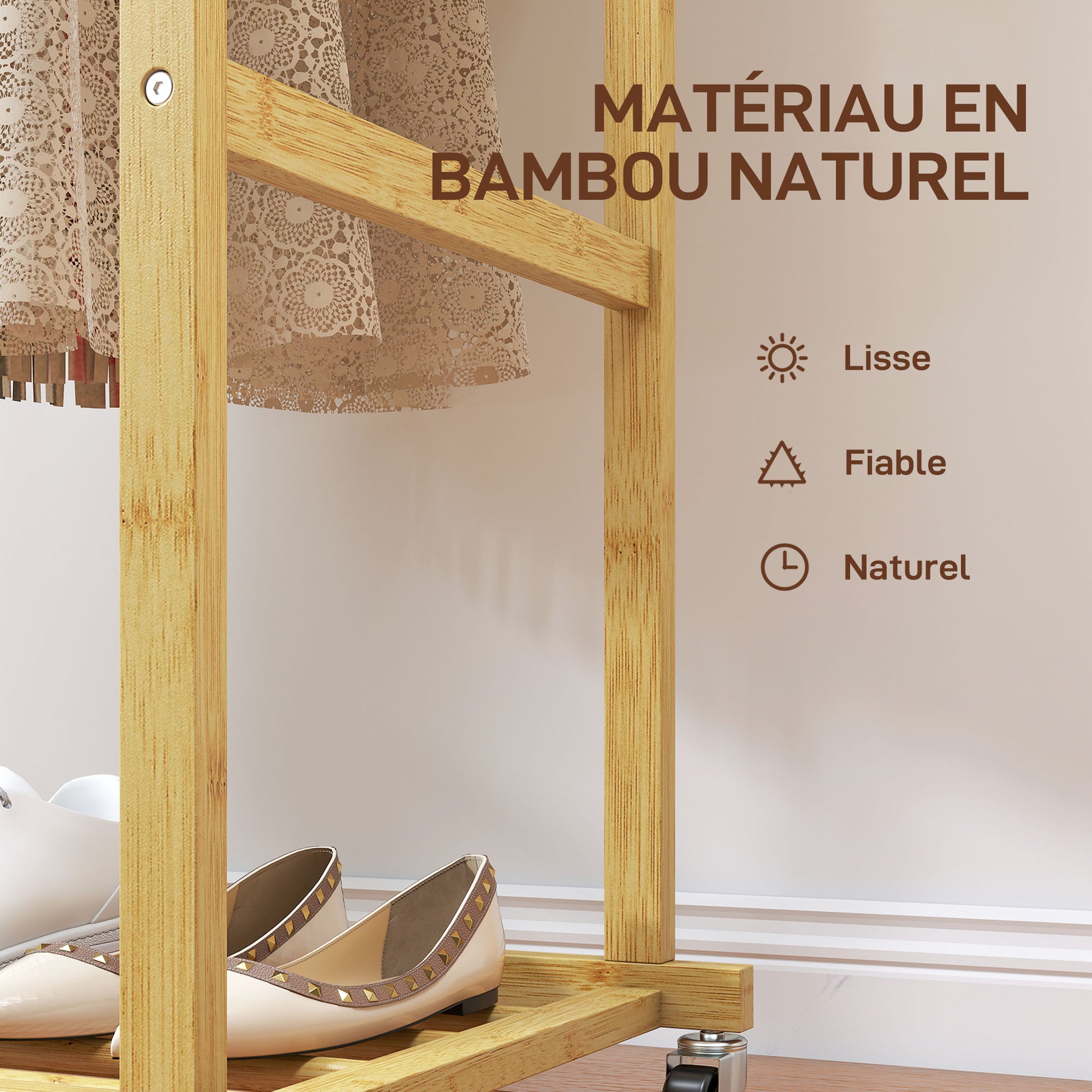 Portant à vêtements à roulettes, porte-manteau double barre en bambou avec étagère inférieure, 80x40x160cm, bois naturel