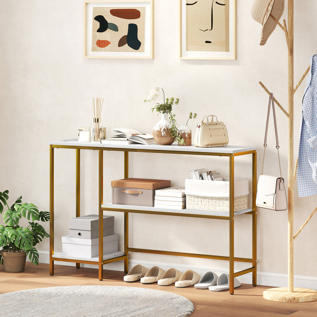 Console meuble 120 cm, table console 3 niveaux avec étagères de rangement, plateaux imitation marbre, blanc et doré