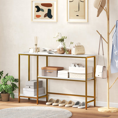 Console meuble 120 cm, table console 3 niveaux avec étagères de rangement, plateaux imitation marbre, blanc et doré