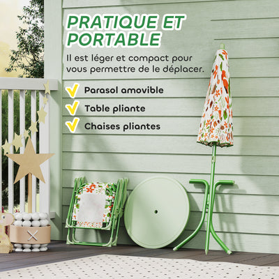Ensemble salon de jardin extérieur enfant 4 pièces, motif éléphant et girafe, parasol réglable Ø 100 cm, chaise pliable