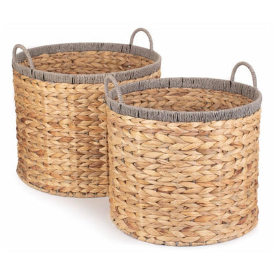 Round Water Hyacinth Storage Basket With Grey Rope Border
