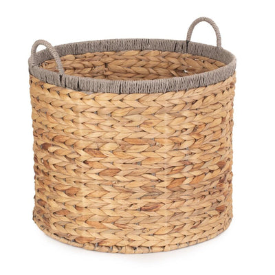 Round Water Hyacinth Storage Basket With Grey Rope Border