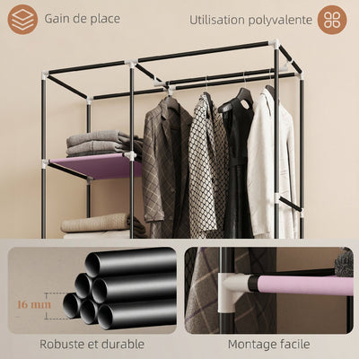 Armoire penderie en tissu meuble de rangement 6 roulettes tringle à vêtements et étagères ouvertes 103x43x162,5cm rose
