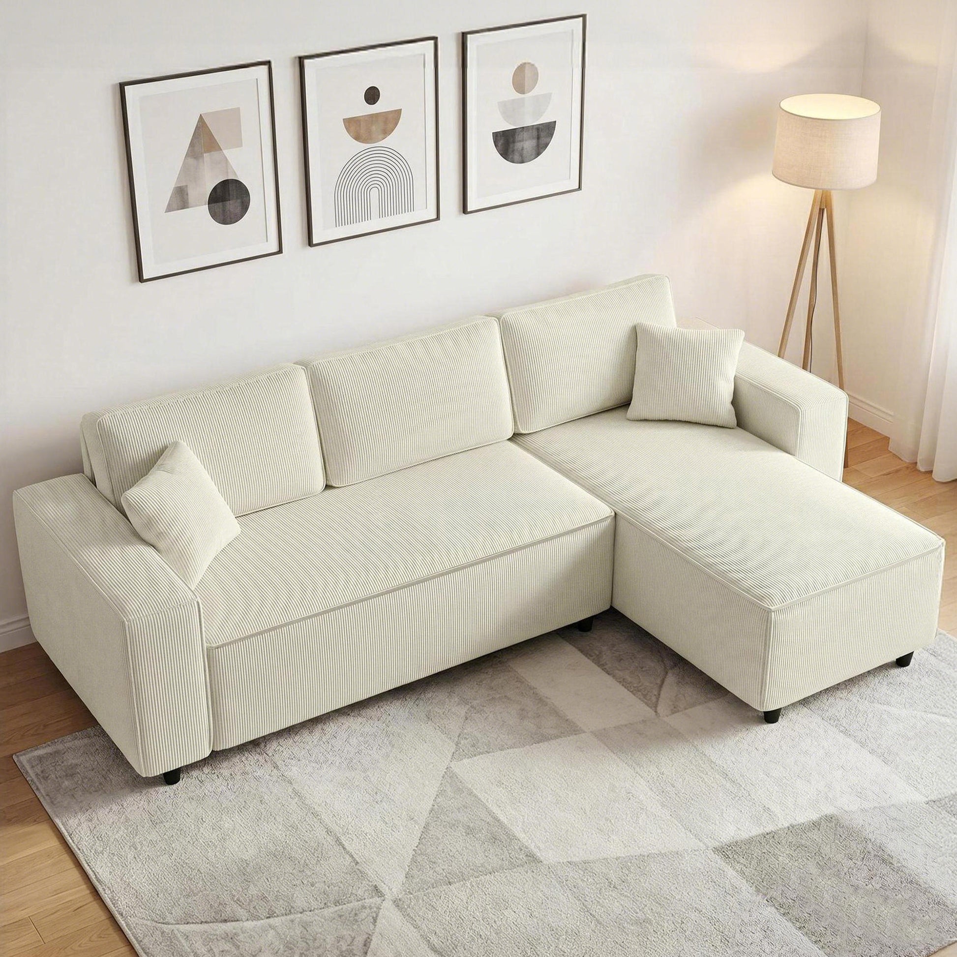 Canapé d'angle réversible 3 places moderne avec coussins inclus, tissu velours côtelé, crème